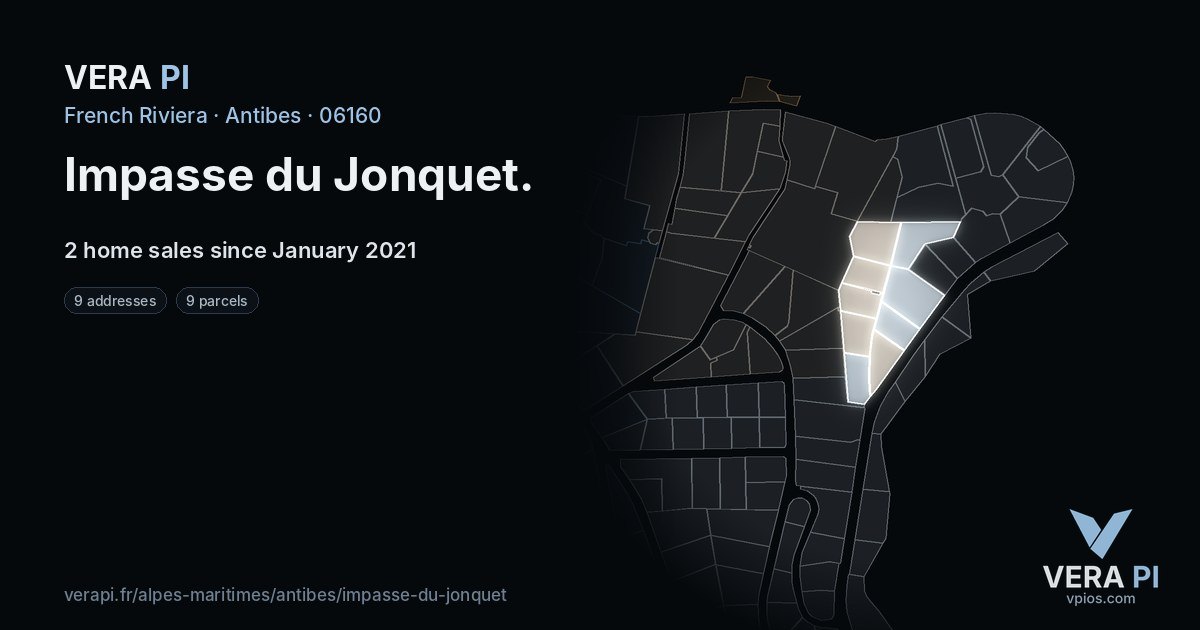 Impasse du Jonquet, Antibes at night – every parcel coloured by the prices around it, the street's own parcels lit