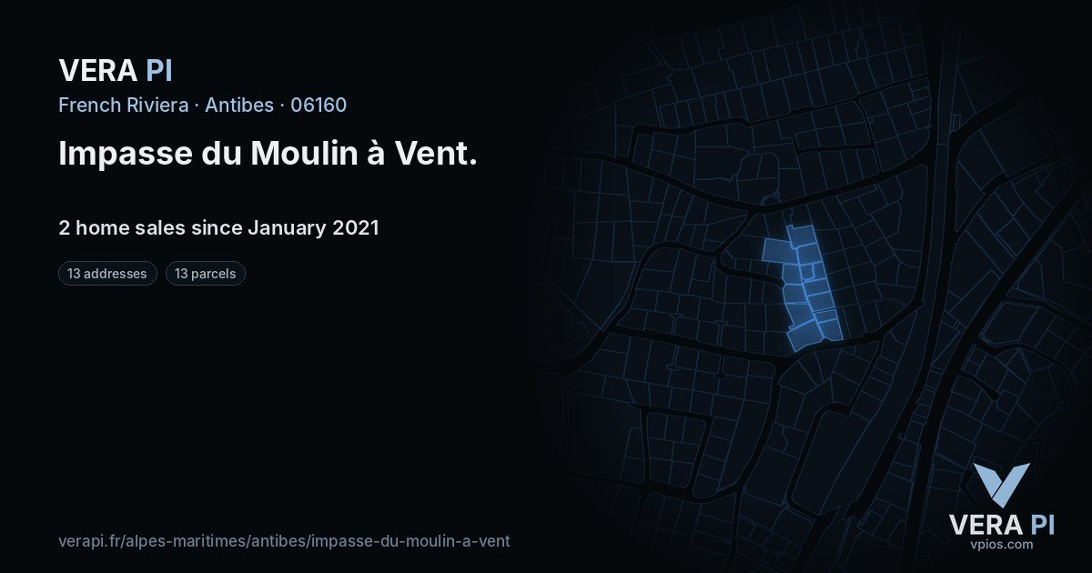 Impasse du Moulin à Vent, Antibes at night – every parcel coloured by the prices around it, the street's own parcels lit