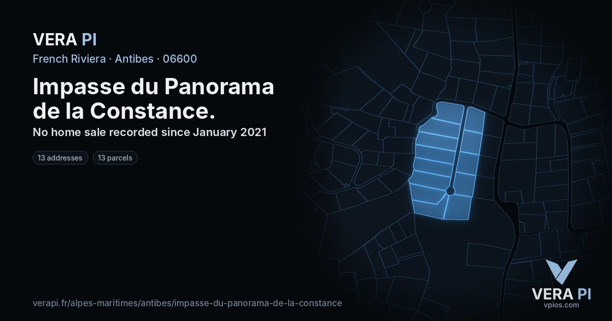 Impasse du Panorama de la Constance, Antibes at night – every parcel coloured by the prices around it, the street's own parcels lit