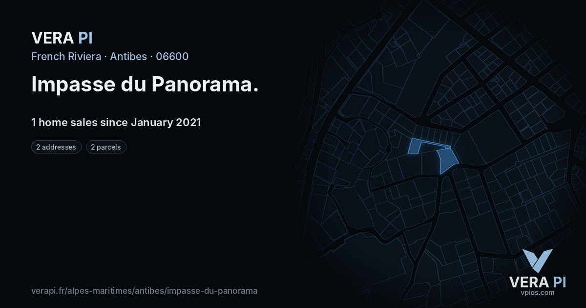 Impasse du Panorama, Antibes at night – every parcel coloured by the prices around it, the street's own parcels lit