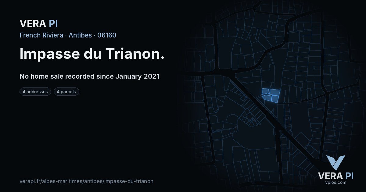 Impasse du Trianon, Antibes at night – every parcel coloured by the prices around it, the street's own parcels lit