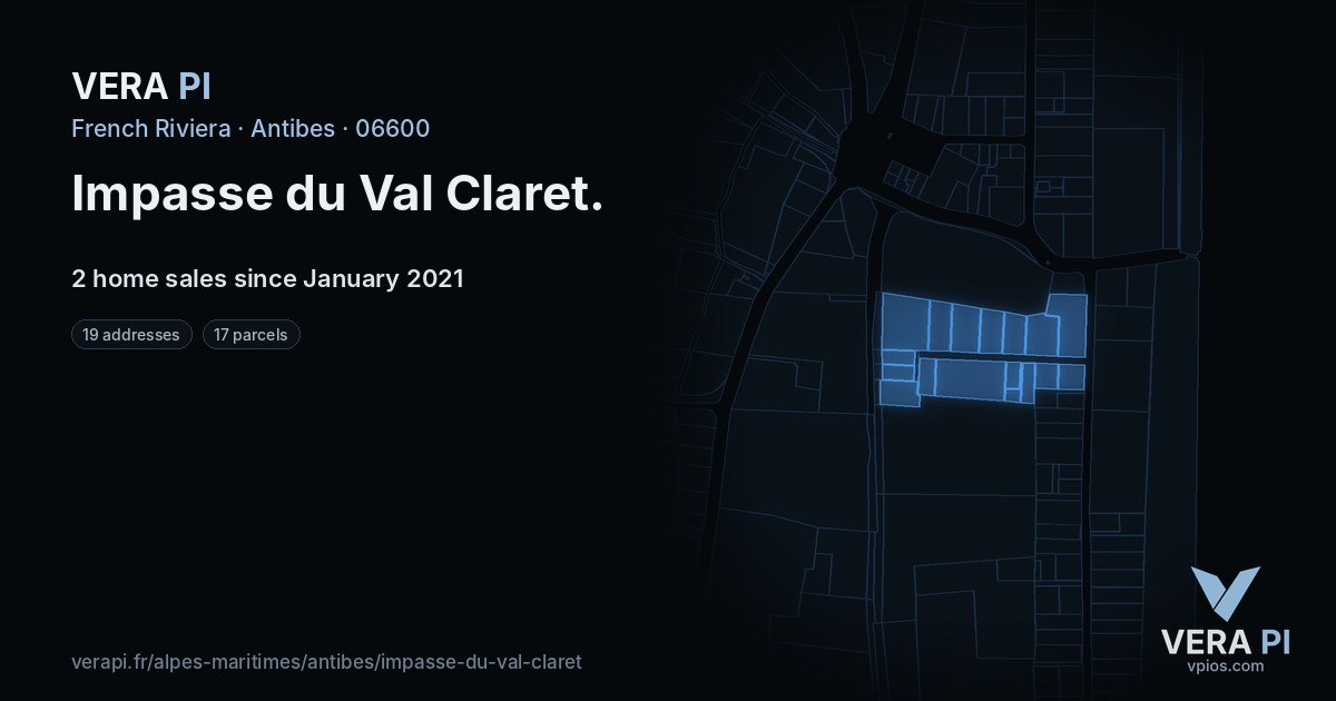 Impasse du Val Claret, Antibes at night – every parcel coloured by the prices around it, the street's own parcels lit