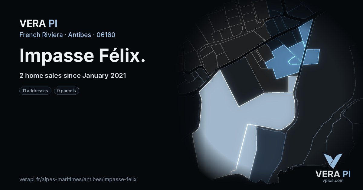 Impasse Félix, Antibes at night – every parcel coloured by the prices around it, the street's own parcels lit