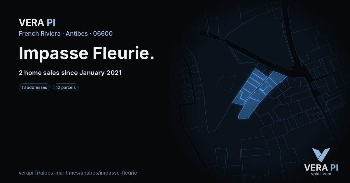 Impasse Fleurie, Antibes at night – every parcel coloured by the prices around it, the street's own parcels lit