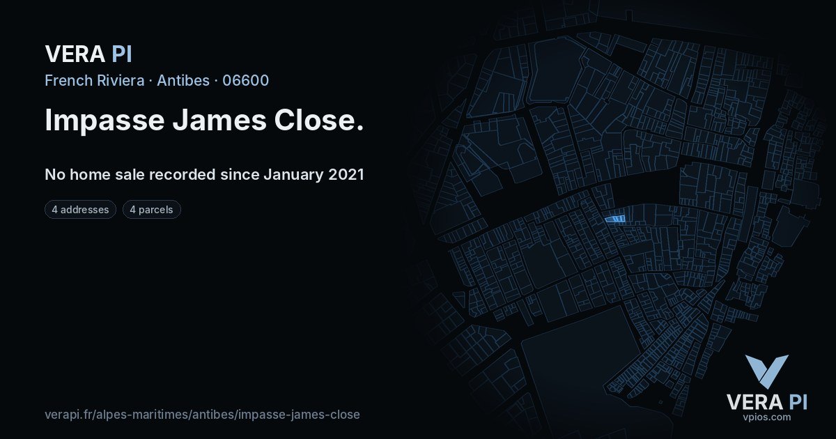 Impasse James Close, Antibes at night – every parcel coloured by the prices around it, the street's own parcels lit