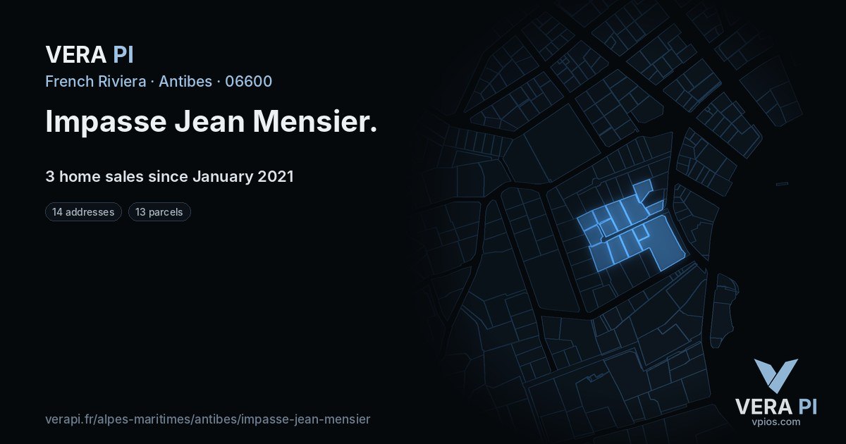 Impasse Jean Mensier, Antibes at night – every parcel coloured by the prices around it, the street's own parcels lit