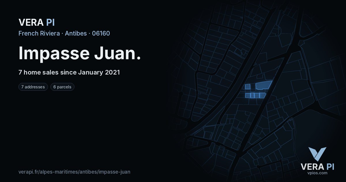 Impasse Juan, Antibes at night – every parcel coloured by the prices around it, the street's own parcels lit