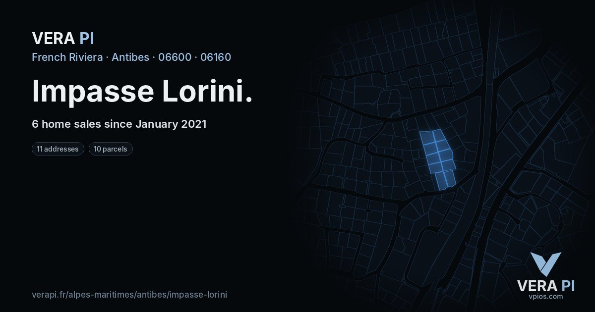 Impasse Lorini, Antibes at night – every parcel coloured by the prices around it, the street's own parcels lit