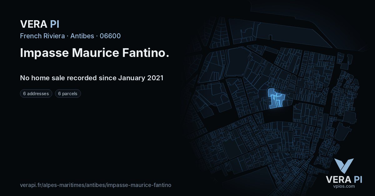 Impasse Maurice Fantino, Antibes at night – every parcel coloured by the prices around it, the street's own parcels lit