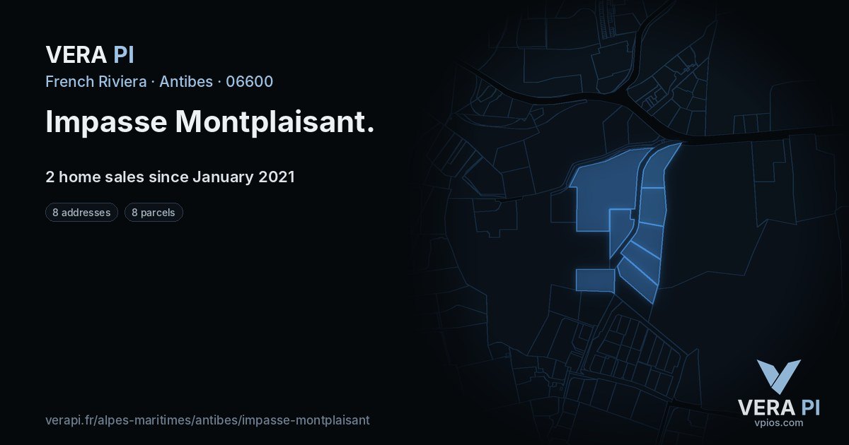 Impasse Montplaisant, Antibes at night – every parcel coloured by the prices around it, the street's own parcels lit