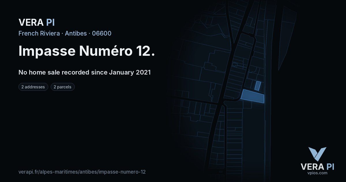 Impasse Numéro 12, Antibes at night – every parcel coloured by the prices around it, the street's own parcels lit