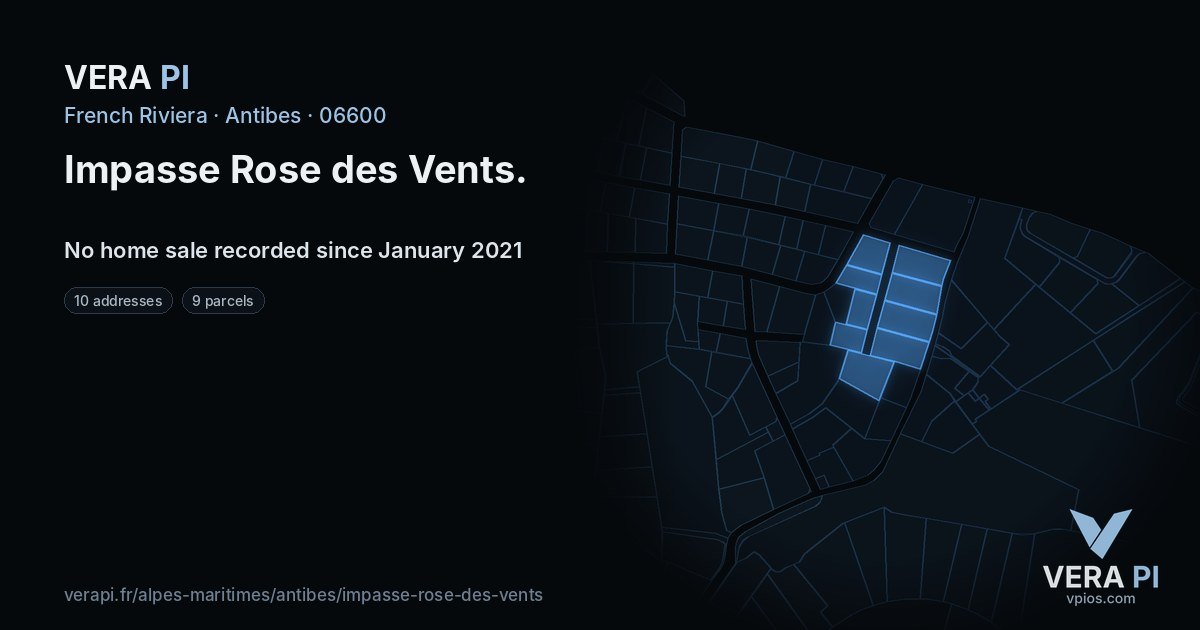 Impasse Rose des Vents, Antibes at night – every parcel coloured by the prices around it, the street's own parcels lit