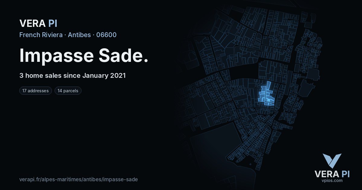 Impasse Sade, Antibes at night – every parcel coloured by the prices around it, the street's own parcels lit