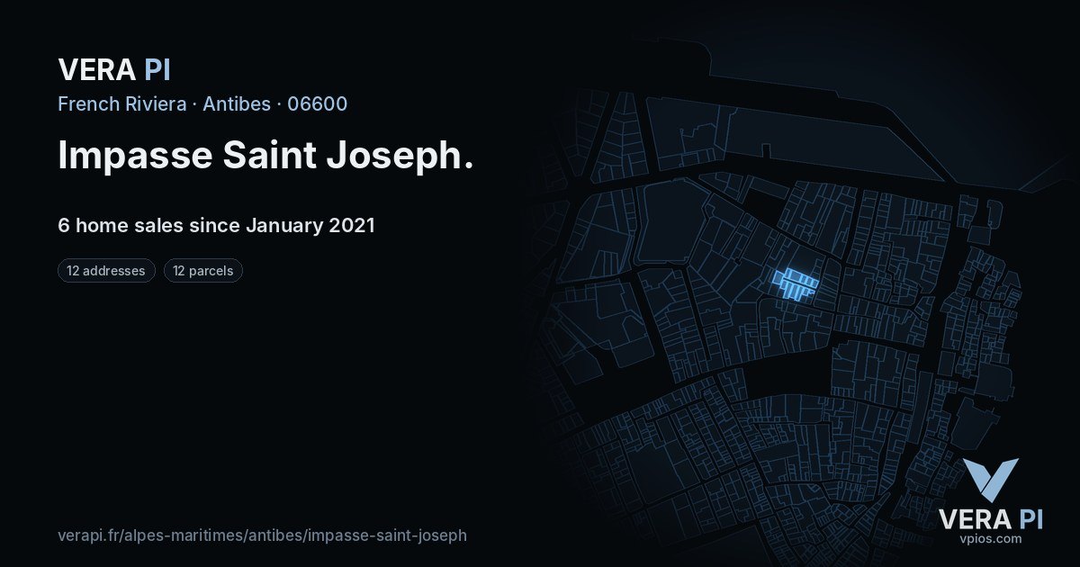 Impasse Saint Joseph, Antibes at night – every parcel coloured by the prices around it, the street's own parcels lit