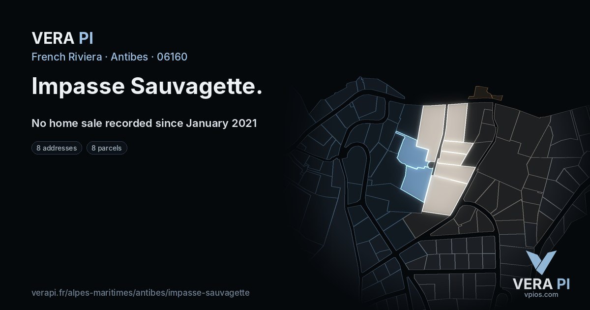 Impasse Sauvagette, Antibes at night – every parcel coloured by the prices around it, the street's own parcels lit