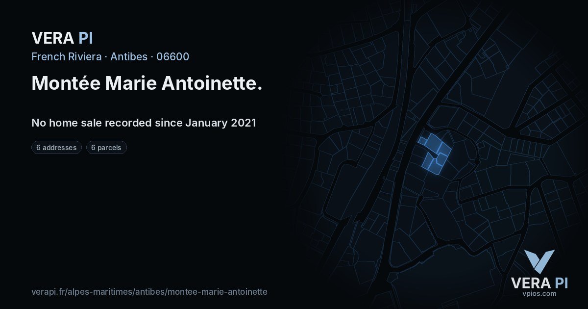Montée Marie Antoinette, Antibes at night – every parcel coloured by the prices around it, the street's own parcels lit
