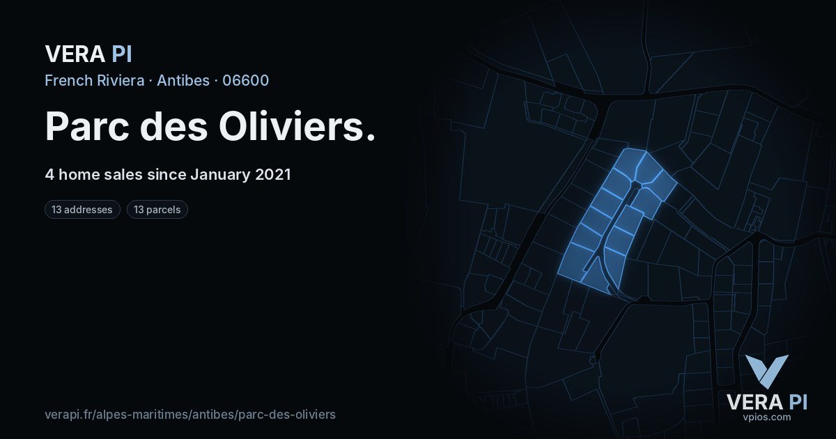 Parc des Oliviers, Antibes at night – every parcel coloured by the prices around it, the street's own parcels lit