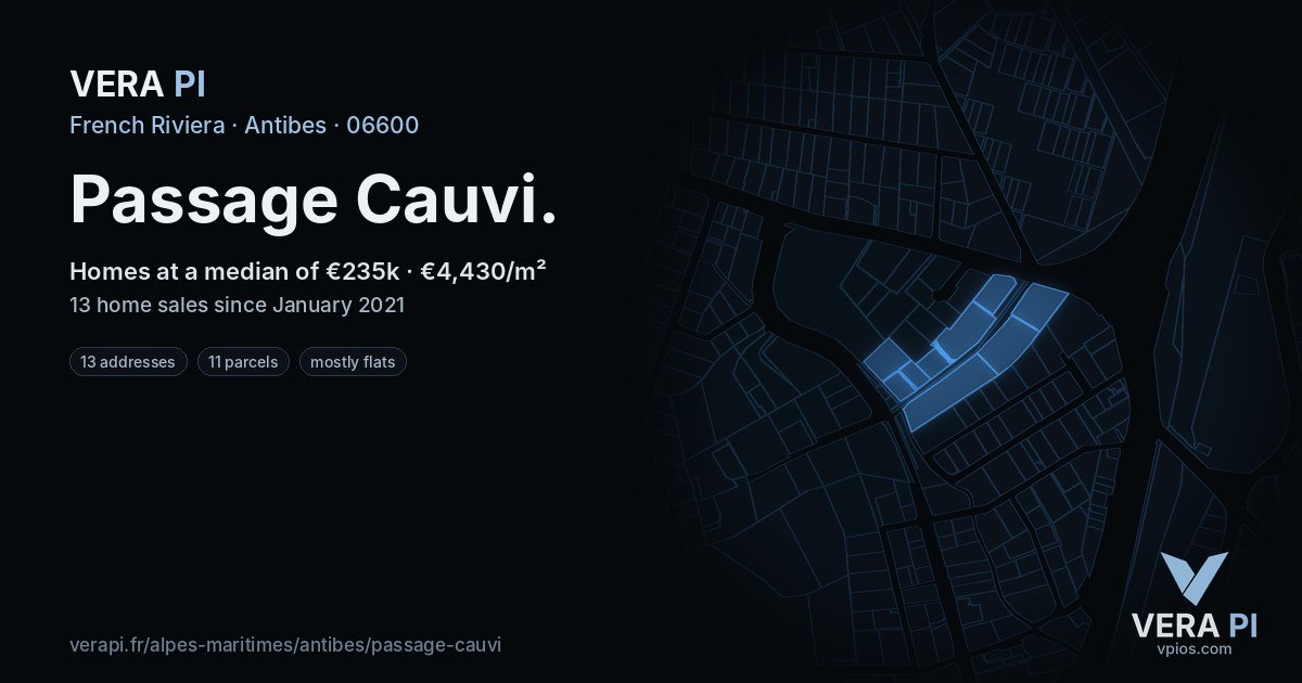 Passage Cauvi, Antibes at night – every parcel coloured by the prices around it, the street's own parcels lit