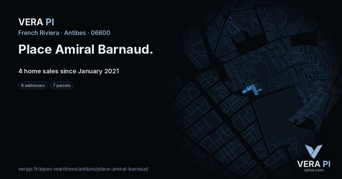 Place Amiral Barnaud, Antibes at night – every parcel coloured by the prices around it, the street's own parcels lit