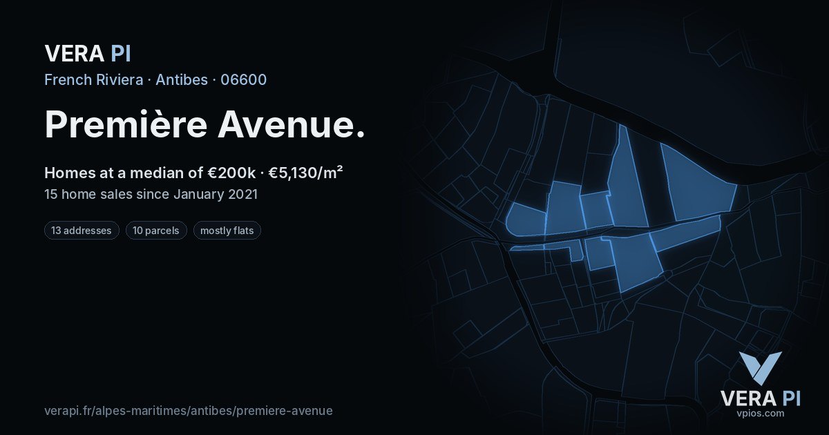 Première Avenue, Antibes at night – every parcel coloured by the prices around it, the street's own parcels lit