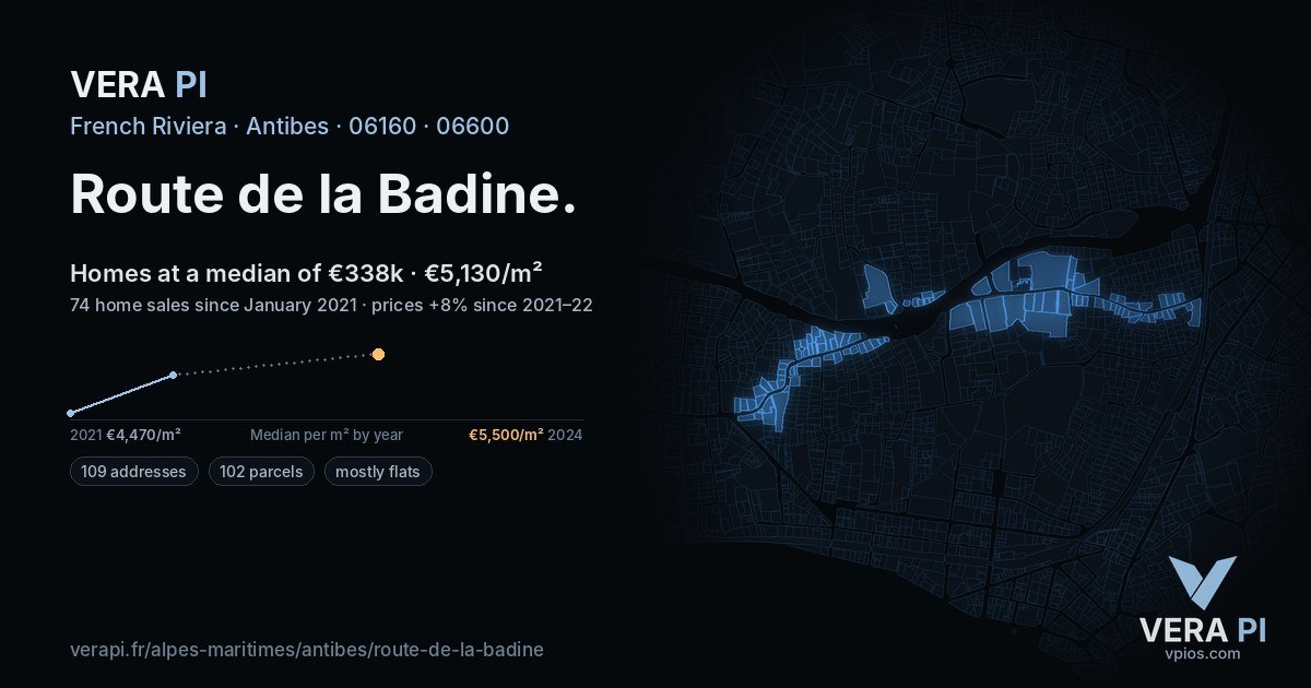 Route de la Badine, Antibes at night – every parcel coloured by the prices around it, the street's own parcels lit
