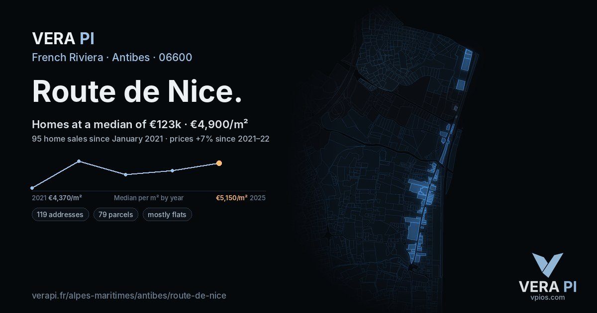 Route de Nice, Antibes at night – every parcel coloured by the prices around it, the street's own parcels lit