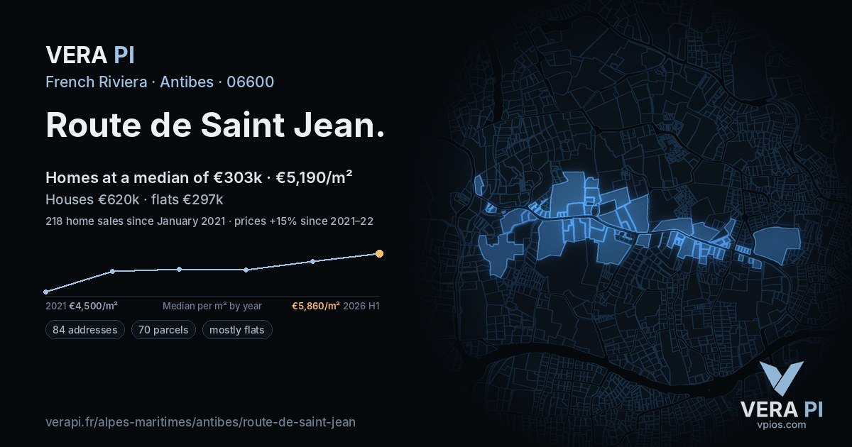 Route de Saint Jean, Antibes at night – every parcel coloured by the prices around it, the street's own parcels lit
