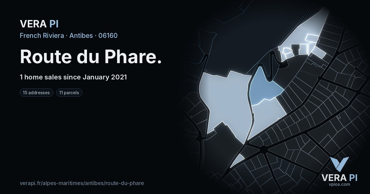 Route du Phare, Antibes at night – every parcel coloured by the prices around it, the street's own parcels lit