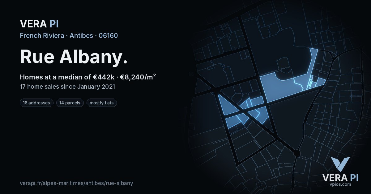 Rue Albany, Antibes at night – every parcel coloured by the prices around it, the street's own parcels lit