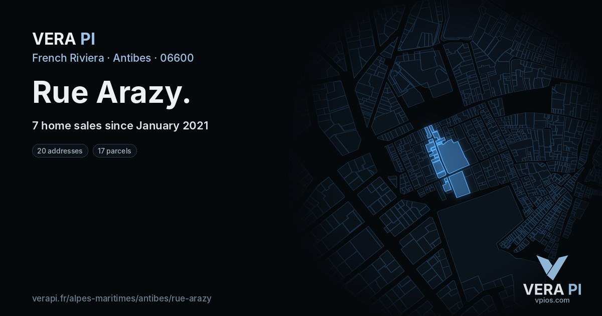 Rue Arazy, Antibes at night – every parcel coloured by the prices around it, the street's own parcels lit