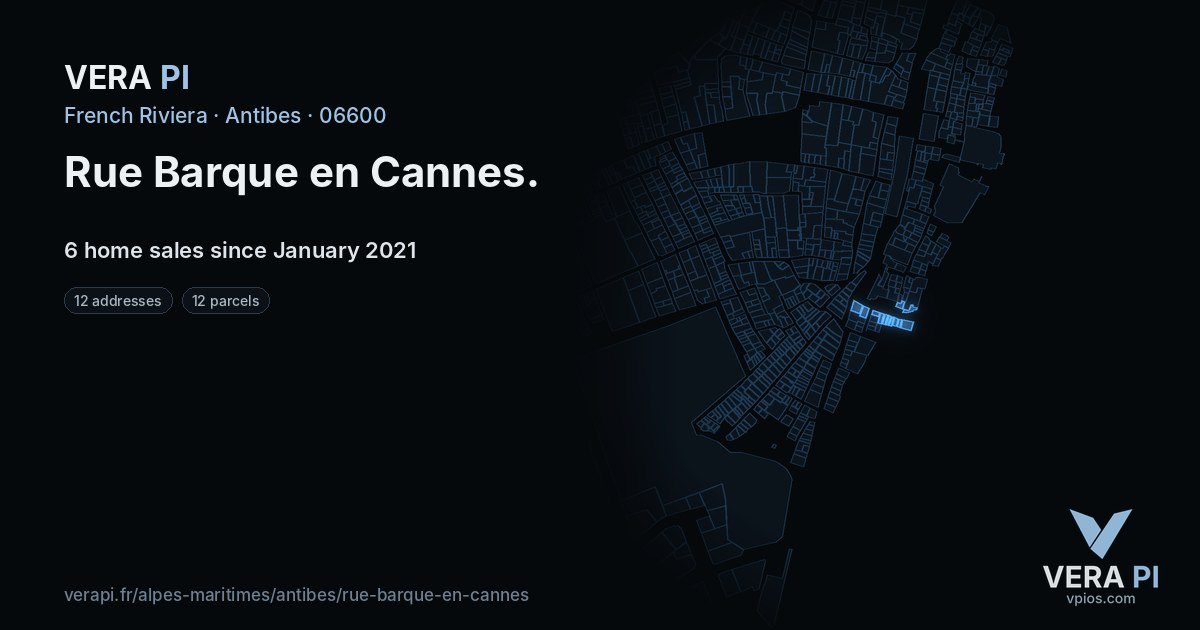 Rue Barque en Cannes, Antibes at night – every parcel coloured by the prices around it, the street's own parcels lit