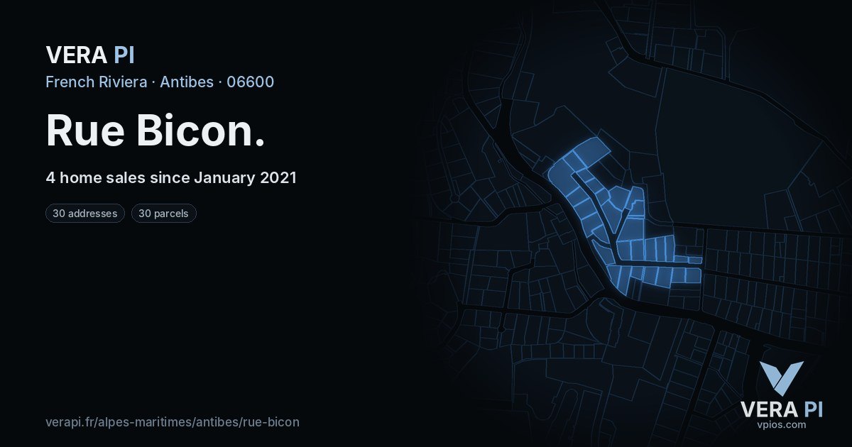 Rue Bicon, Antibes at night – every parcel coloured by the prices around it, the street's own parcels lit