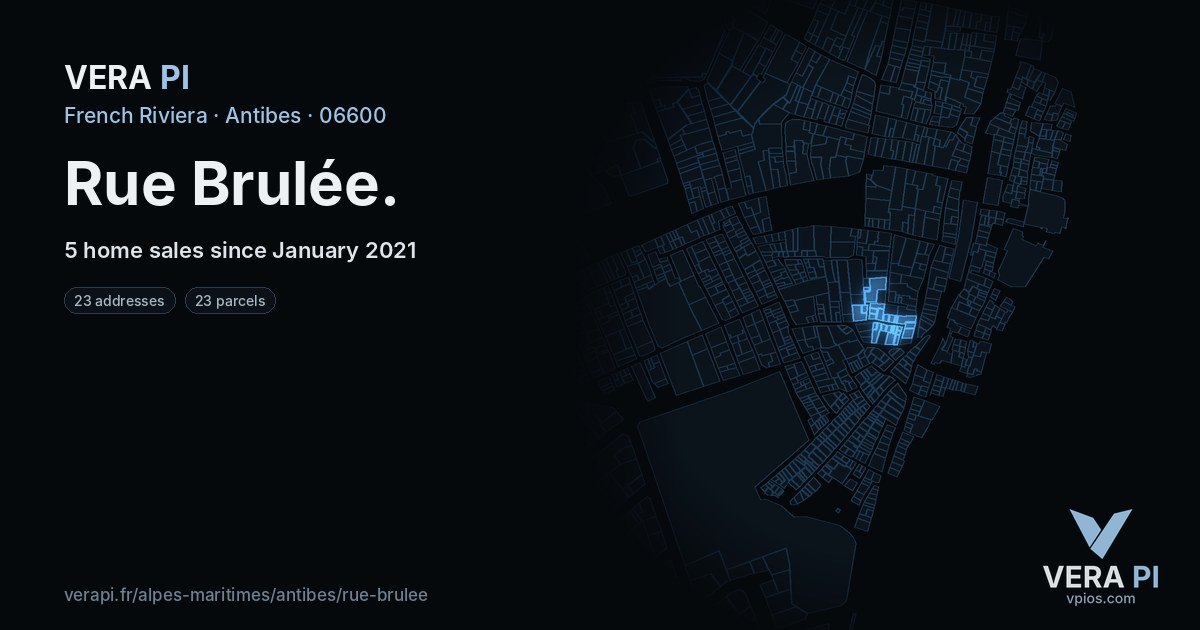 Rue Brulée, Antibes at night – every parcel coloured by the prices around it, the street's own parcels lit
