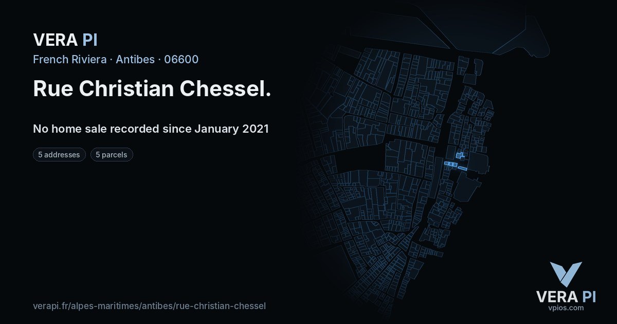 Rue Christian Chessel, Antibes at night – every parcel coloured by the prices around it, the street's own parcels lit
