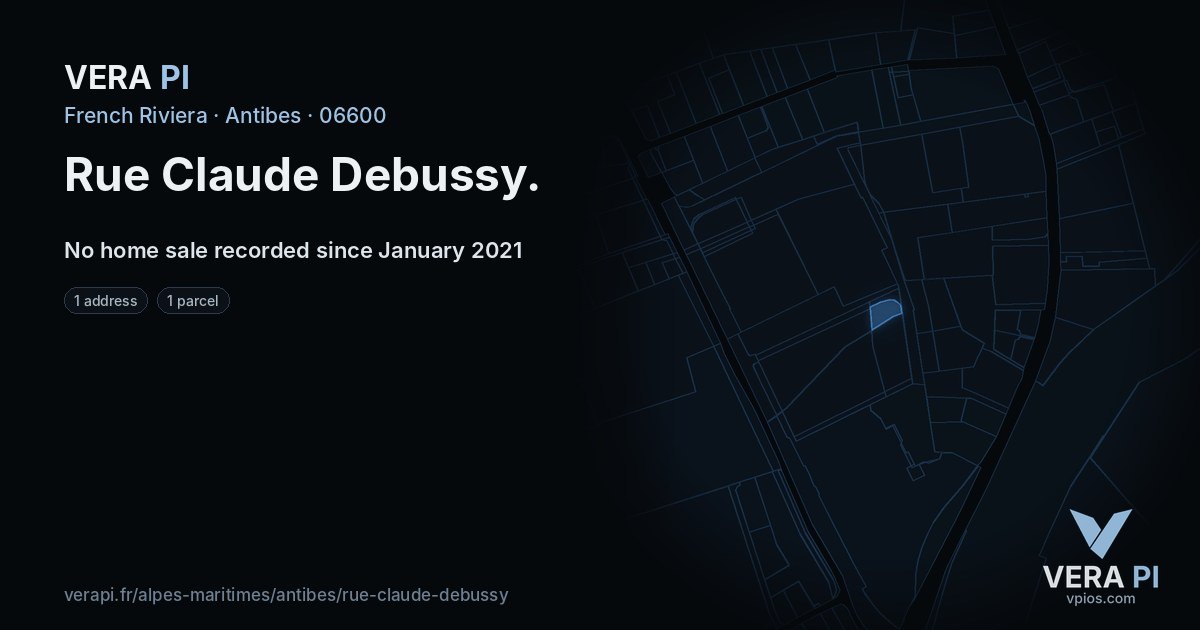 Rue Claude Debussy, Antibes at night – every parcel coloured by the prices around it, the street's own parcels lit