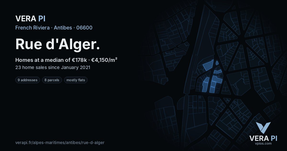 Rue d'Alger, Antibes at night – every parcel coloured by the prices around it, the street's own parcels lit
