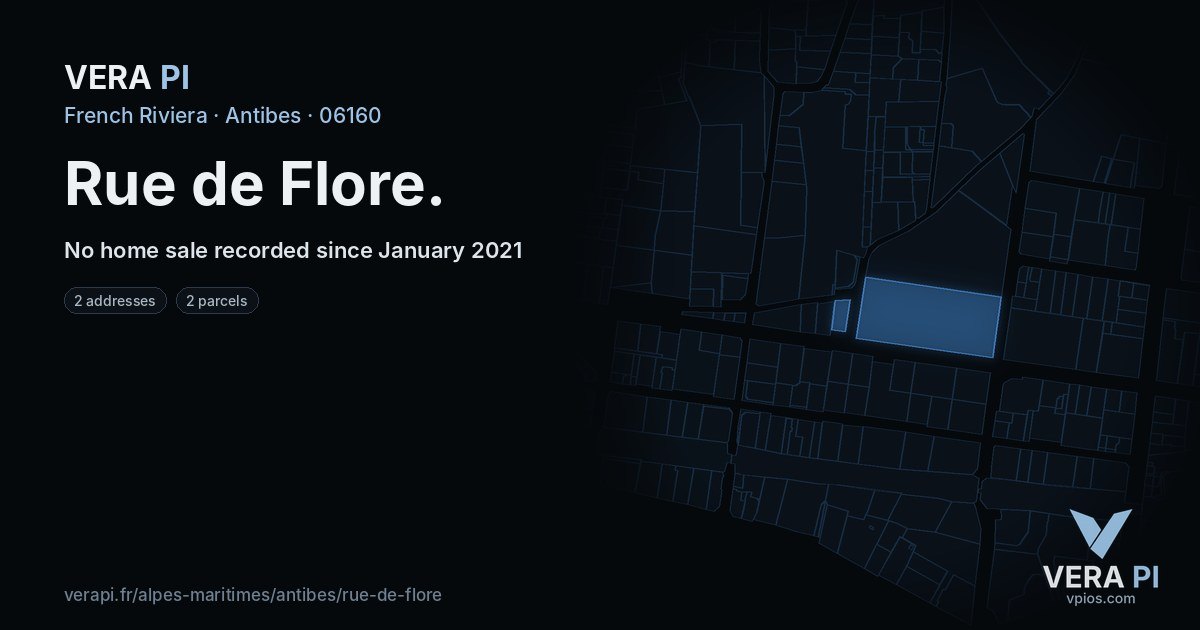 Rue de Flore, Antibes at night – every parcel coloured by the prices around it, the street's own parcels lit