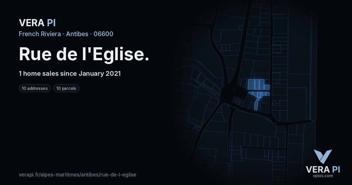 Rue de l'Eglise, Antibes at night – every parcel coloured by the prices around it, the street's own parcels lit