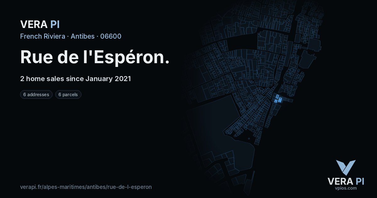 Rue de l'Espéron, Antibes at night – every parcel coloured by the prices around it, the street's own parcels lit