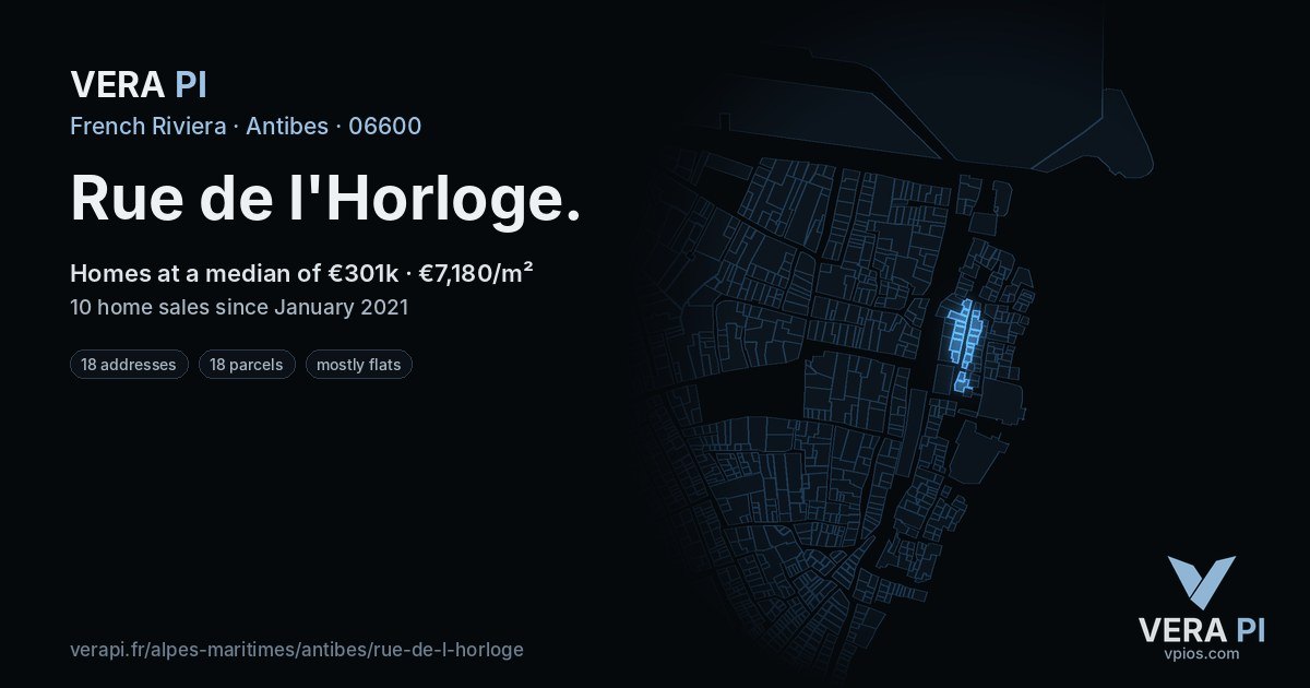 Rue de l'Horloge, Antibes at night – every parcel coloured by the prices around it, the street's own parcels lit