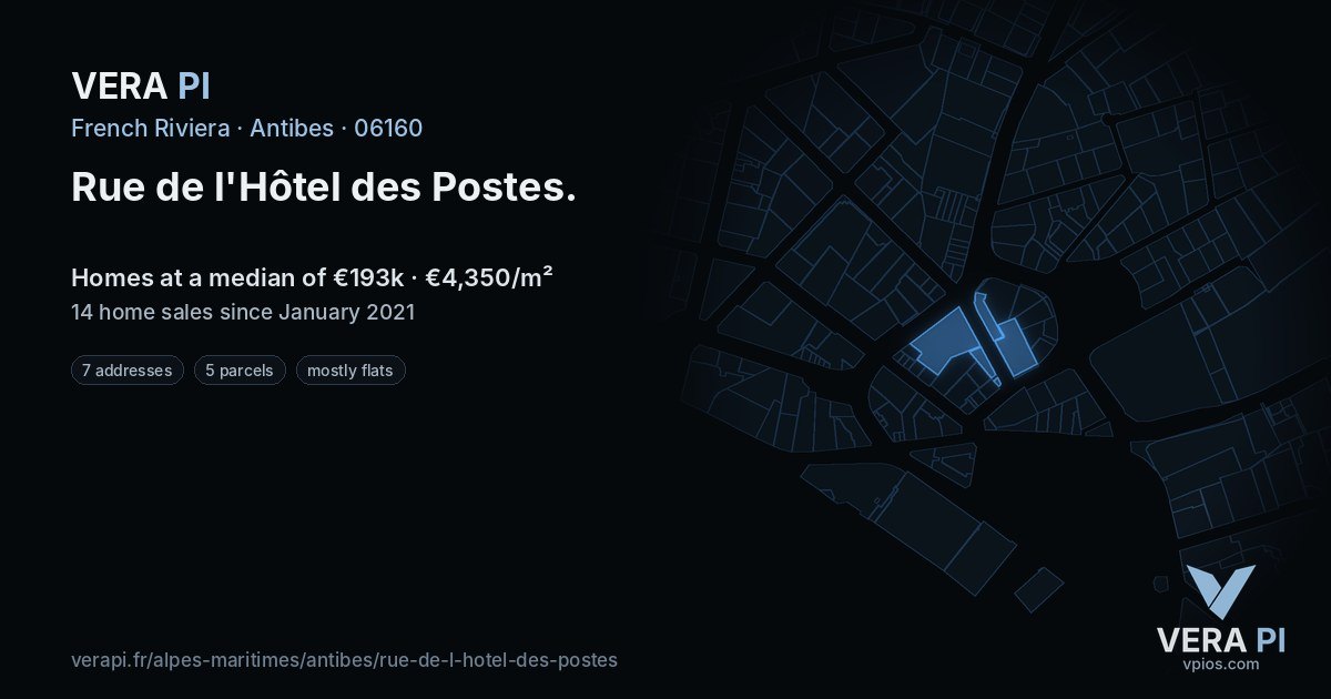 Rue de l'Hôtel des Postes, Antibes at night – every parcel coloured by the prices around it, the street's own parcels lit