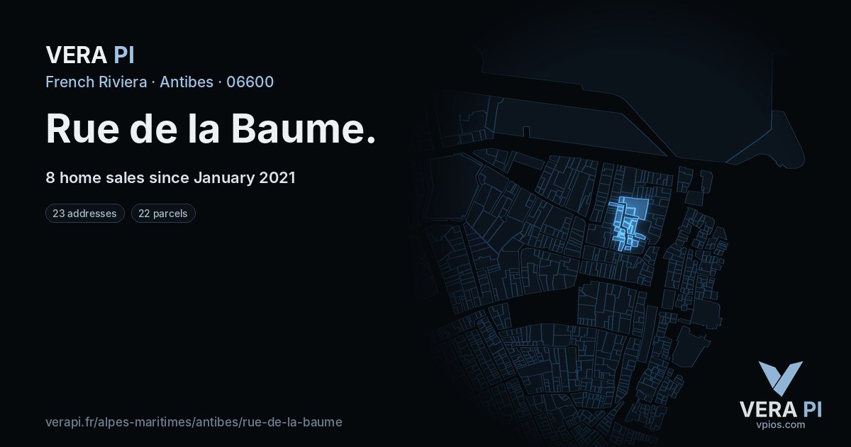 Rue de la Baume, Antibes at night – every parcel coloured by the prices around it, the street's own parcels lit
