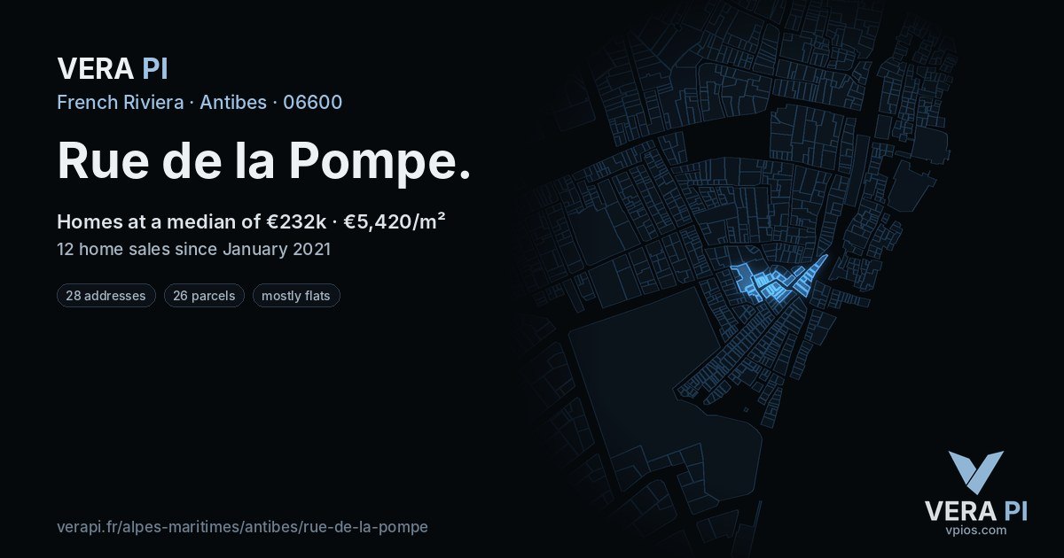Rue de la Pompe, Antibes at night – every parcel coloured by the prices around it, the street's own parcels lit