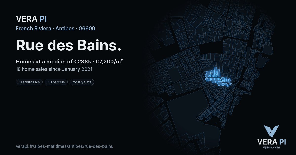 Rue des Bains, Antibes at night – every parcel coloured by the prices around it, the street's own parcels lit