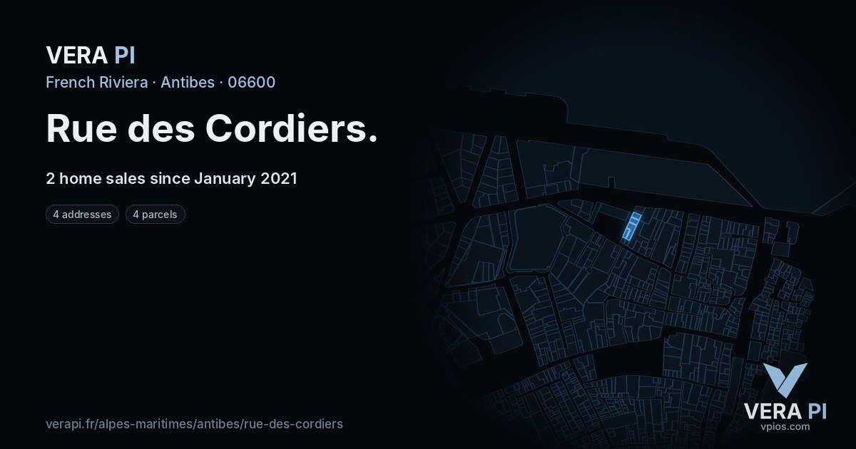 Rue des Cordiers, Antibes at night – every parcel coloured by the prices around it, the street's own parcels lit