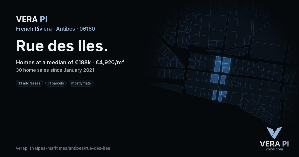 Rue des Iles, Antibes at night – every parcel coloured by the prices around it, the street's own parcels lit