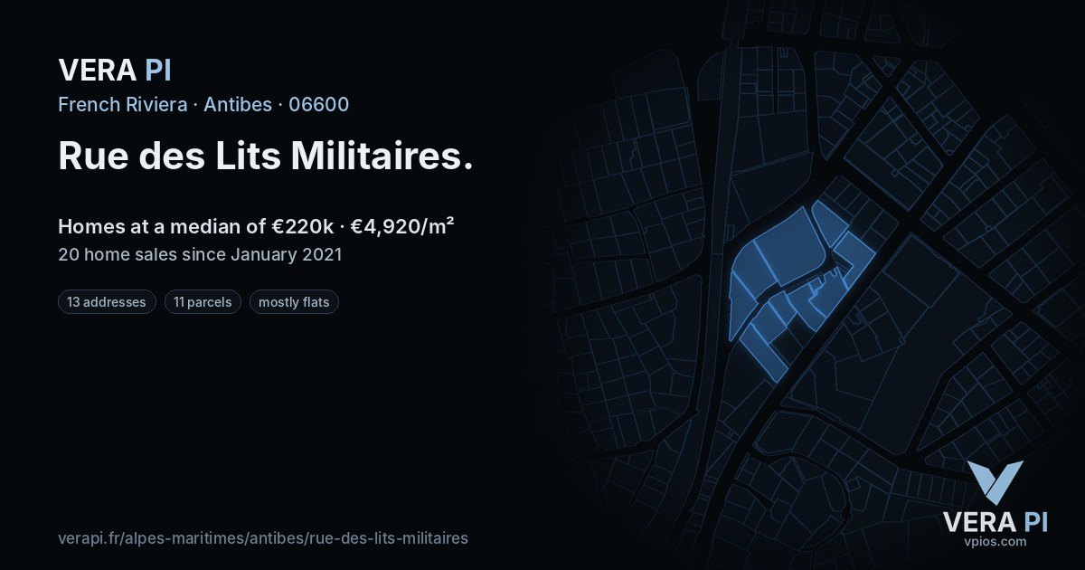 Rue des Lits Militaires, Antibes at night – every parcel coloured by the prices around it, the street's own parcels lit