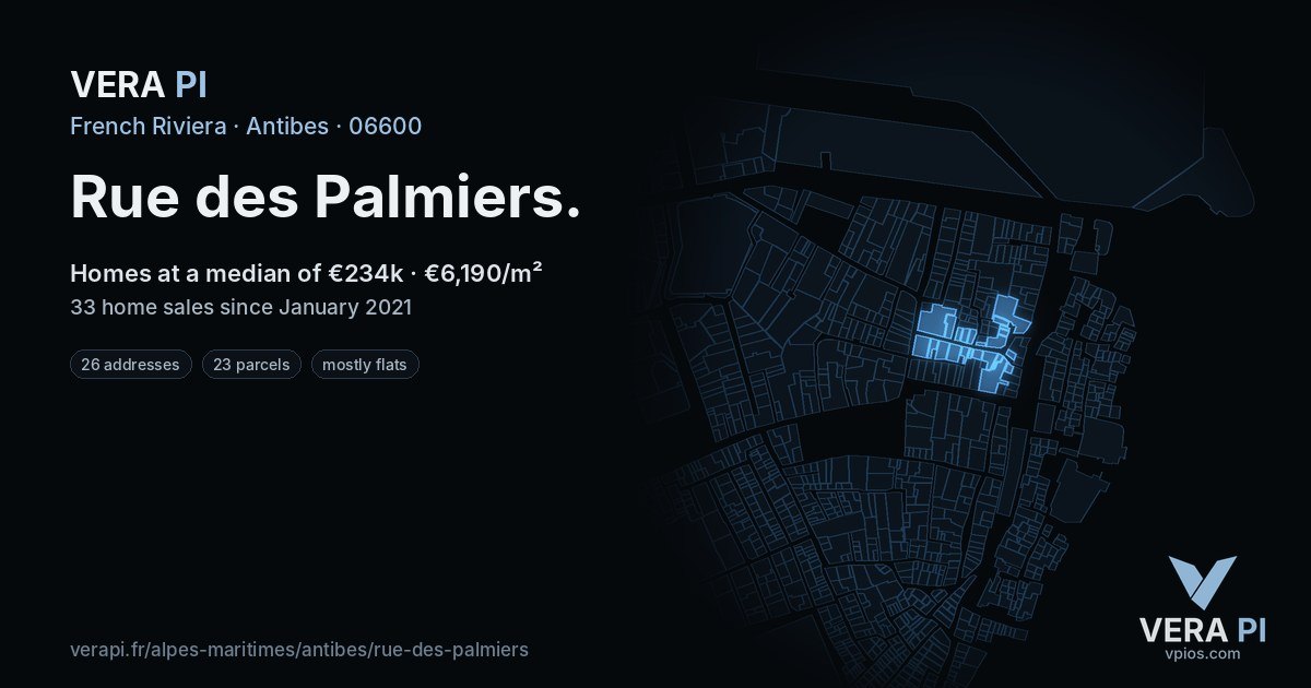 Rue des Palmiers, Antibes at night – every parcel coloured by the prices around it, the street's own parcels lit