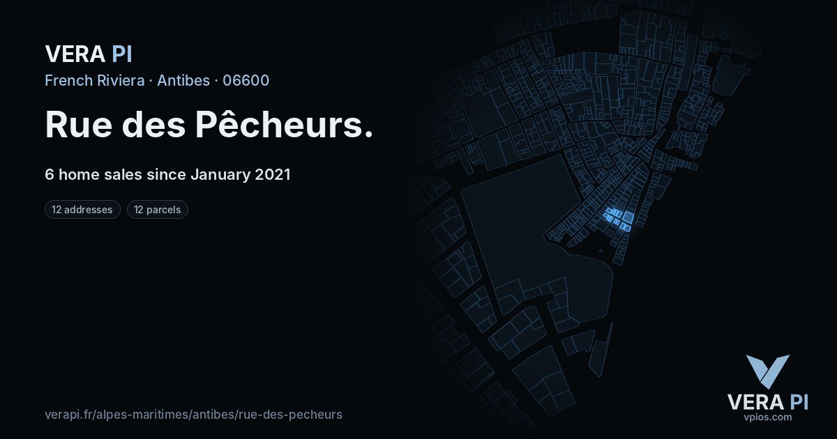 Rue des Pêcheurs, Antibes at night – every parcel coloured by the prices around it, the street's own parcels lit