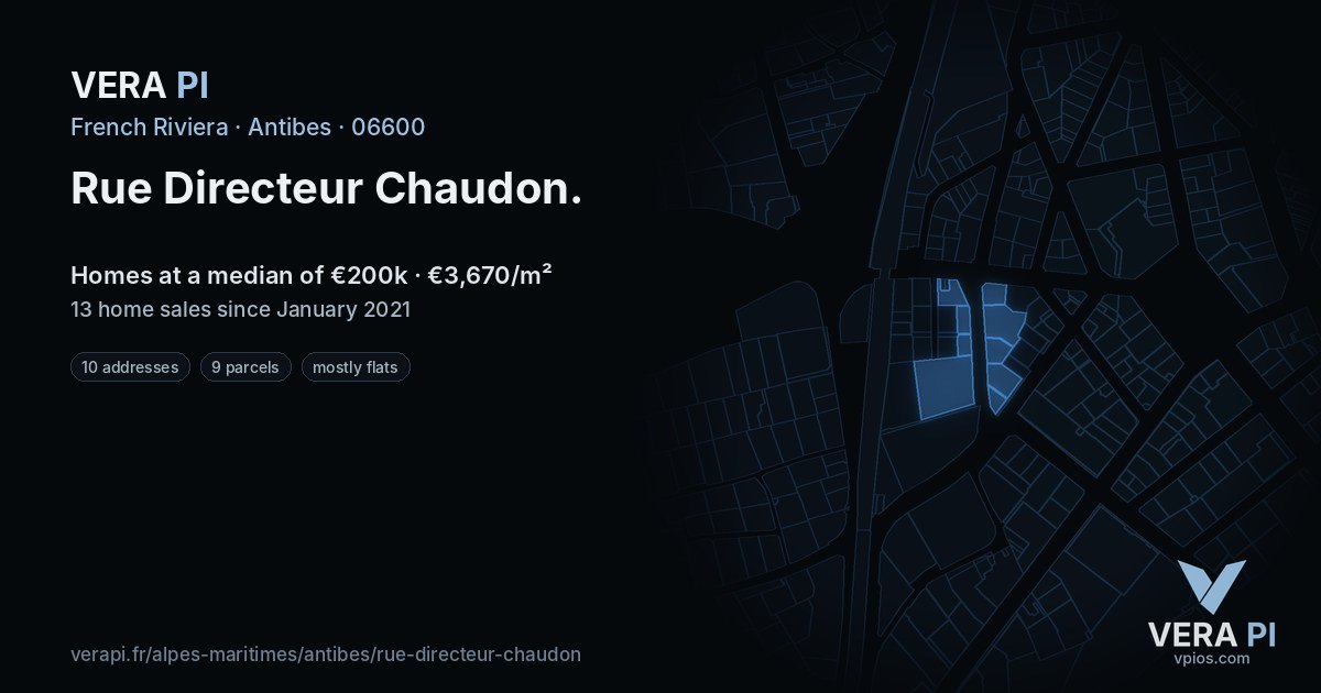Rue Directeur Chaudon, Antibes at night – every parcel coloured by the prices around it, the street's own parcels lit